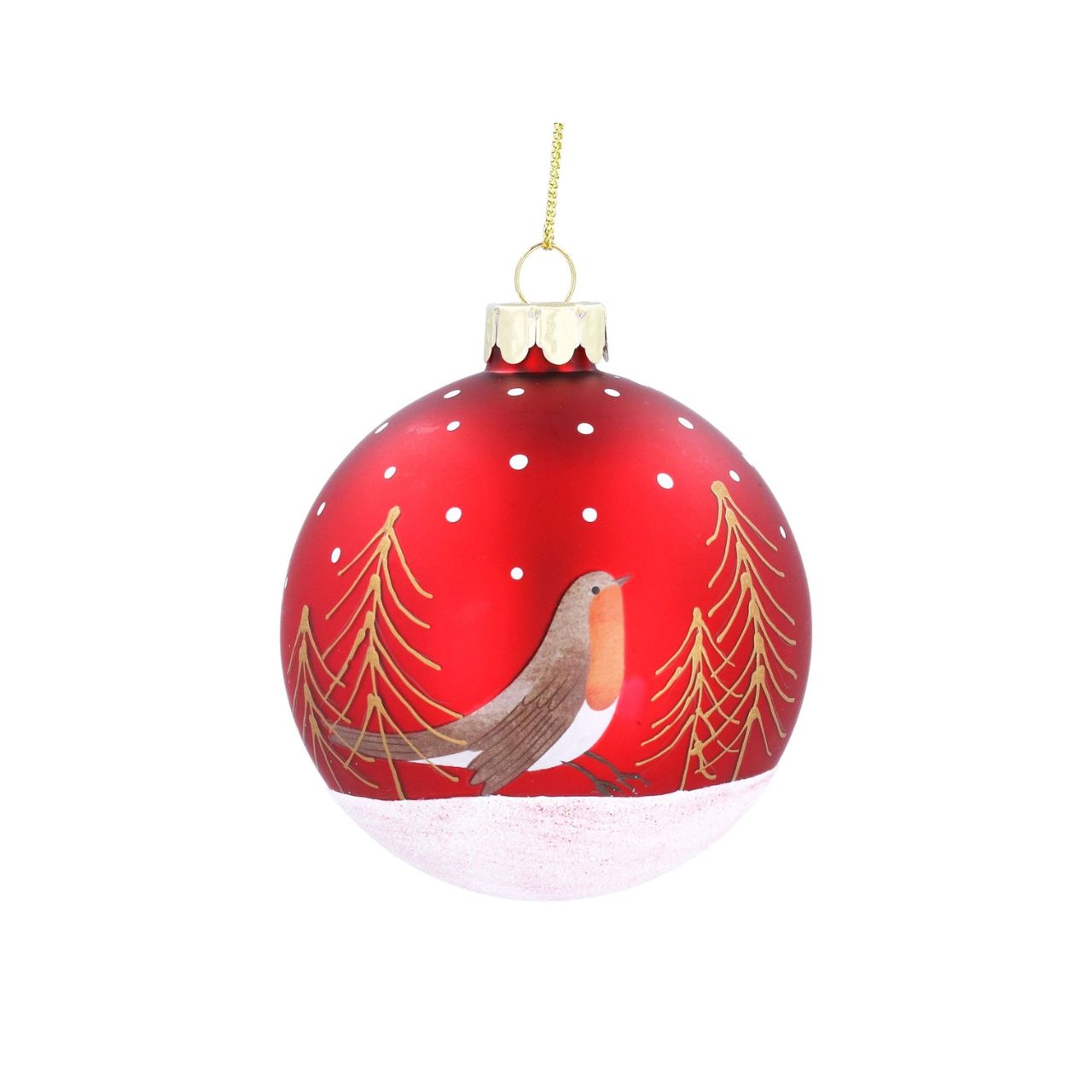 Elevate your holiday décor with the Gisela Graham Christmas Glass Bauble in matt red, featuring a charming robin and delicate tree motifs.