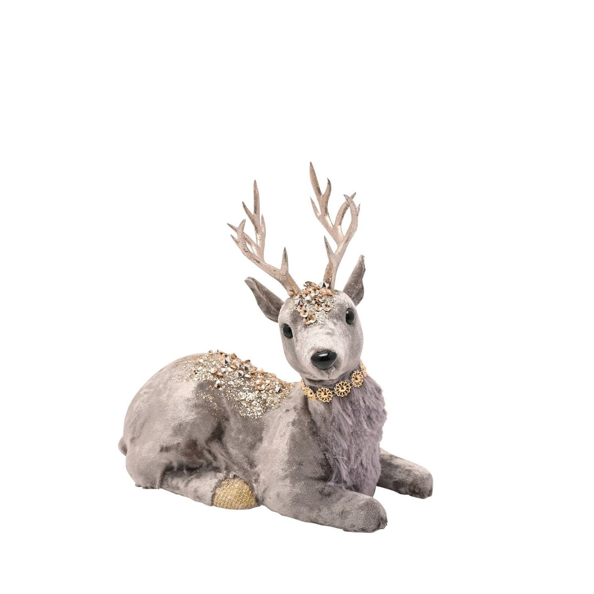 The enchanting Grey and Gold Sitting Deer Decoration is a captivating ornament that brings woodland magic into any space.