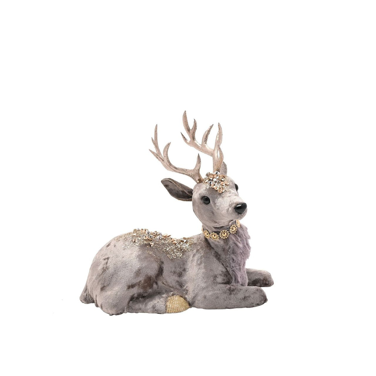 The enchanting Grey and Gold Sitting Deer Decoration is a captivating ornament that brings woodland magic into any space.