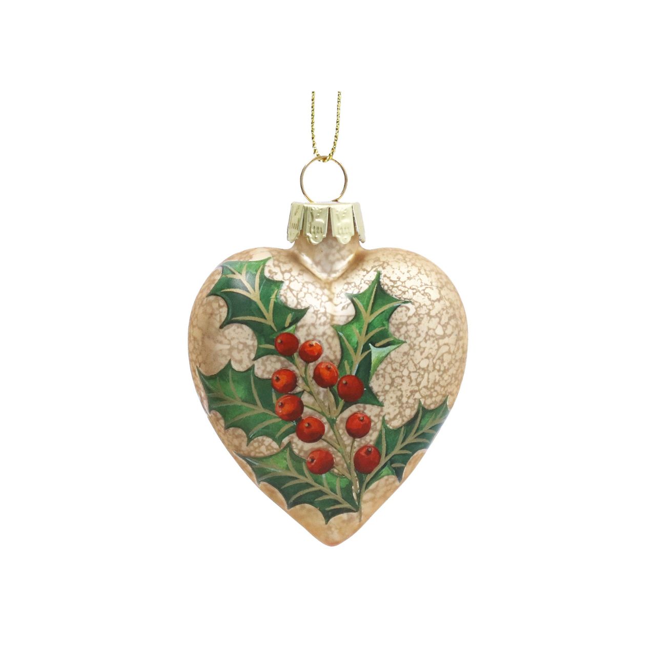 Elevate your holiday décor with the Gisela Graham Antique Gold Heart Bauble. Featuring a refined matte finish adorned with delicate holly details, this elegant glass ornament brings a timeless charm to your Christmas tree.