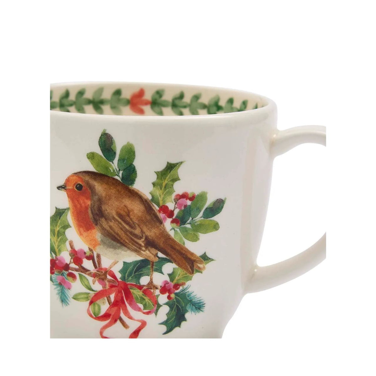 Start your day with a touch of festive charm using this Botanic Garden Christmas Holly Latte Mug, featuring a detailed robin nestled among holly and finished with a red ribbon motif.