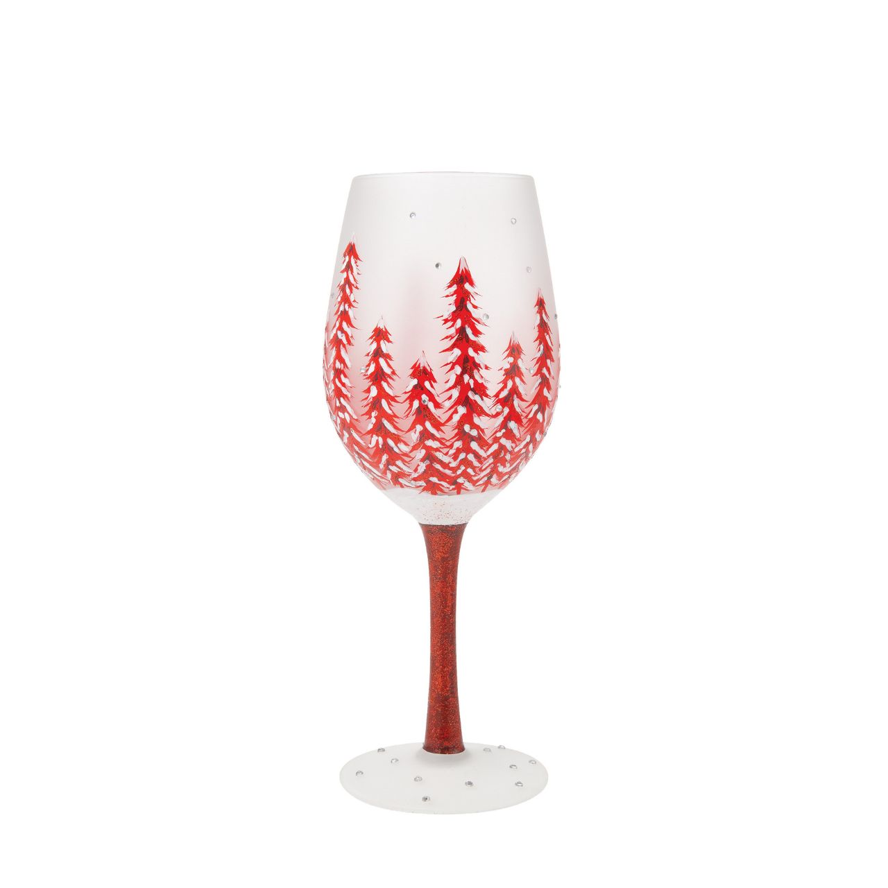 This gorgeous glass features a forest of red hand-painted pines covered in fresh fallen snow. With inlaid crystal snowflakes, this enchanting cup soothes with festive hue and sparkling elegance. Fill up you cup and give cheers to wintertime wonder. Each Lolita wine glass comes packaged in a branded gift box with an individual wine cocktail recipe on both the bottom of the glass and box.