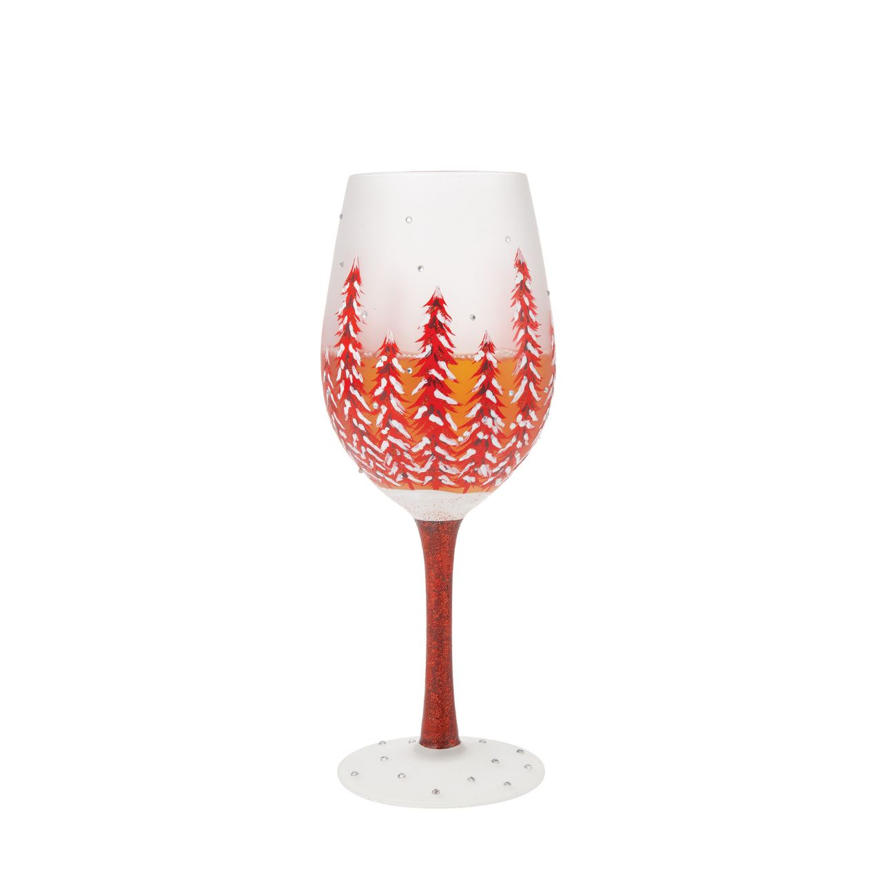 This gorgeous glass features a forest of red hand-painted pines covered in fresh fallen snow. With inlaid crystal snowflakes, this enchanting cup soothes with festive hue and sparkling elegance. Fill up you cup and give cheers to wintertime wonder. Each Lolita wine glass comes packaged in a branded gift box with an individual wine cocktail recipe on both the bottom of the glass and box.