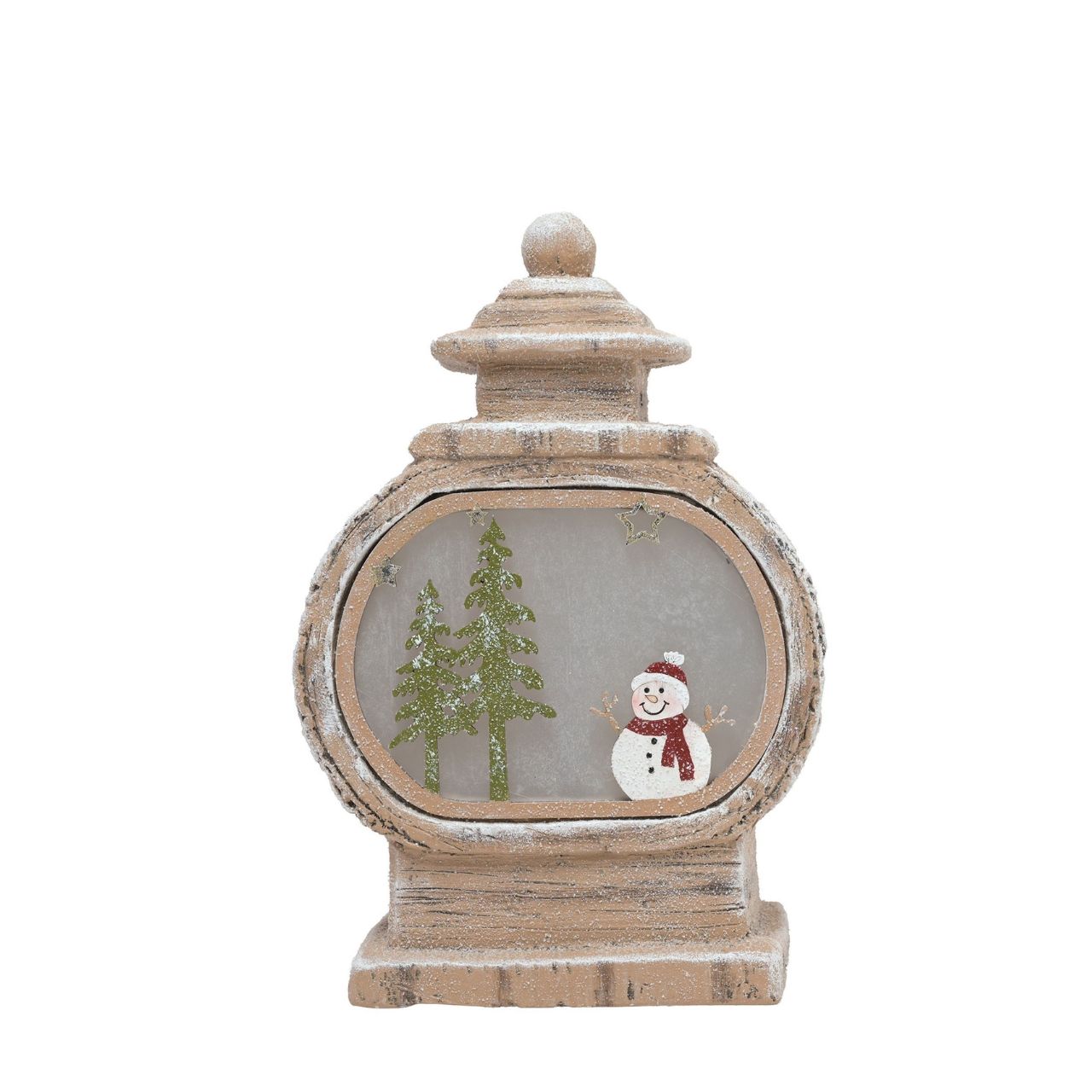 Introducing an LED Light Up Round Lantern Shaped Ornament with Snowman Scene. This charming item features a cheerful snowman and pine tree design that provides a heart-warming reminder of winter wonderlands.
