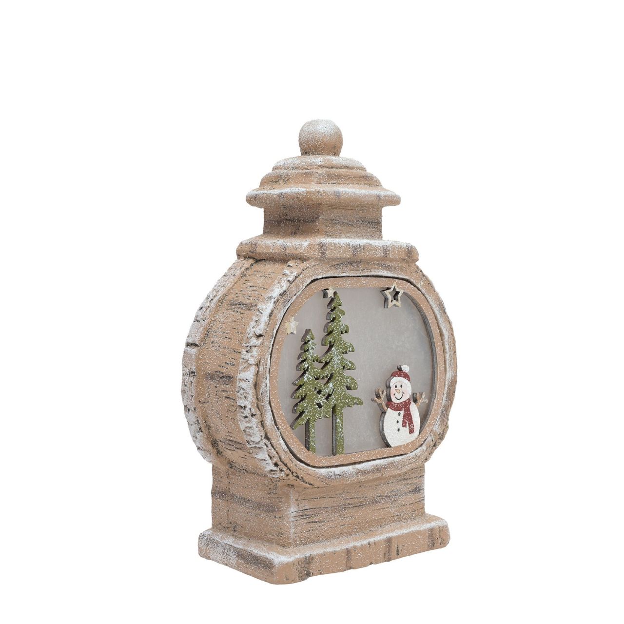 Introducing an LED Light Up Round Lantern Shaped Ornament with Snowman Scene. This charming item features a cheerful snowman and pine tree design that provides a heart-warming reminder of winter wonderlands.