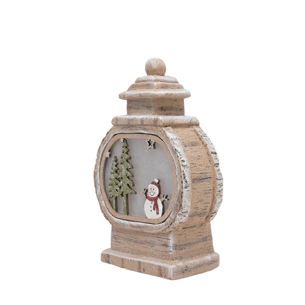 Introducing an LED Light Up Round Lantern Shaped Ornament with Snowman Scene. This charming item features a cheerful snowman and pine tree design that provides a heart-warming reminder of winter wonderlands.