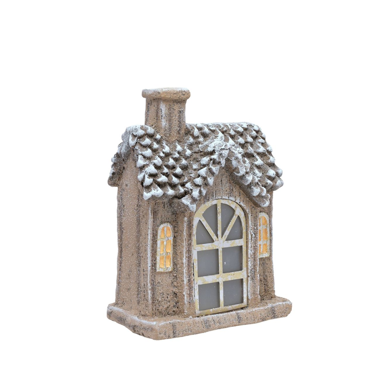 Home sweet home. An LED Light Up House Shaped Ornament. Lovingly crafted from durable resin in a brown colour palette, this single storey detached home features a welcoming gold colour front door, arched window frames, and a chimney stack.