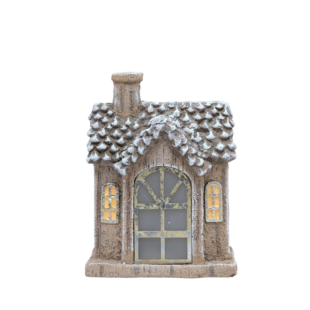 Home sweet home. An LED Light Up House Shaped Ornament. Lovingly crafted from durable resin in a brown colour palette, this single storey detached home features a welcoming gold colour front door, arched window frames, and a chimney stack.