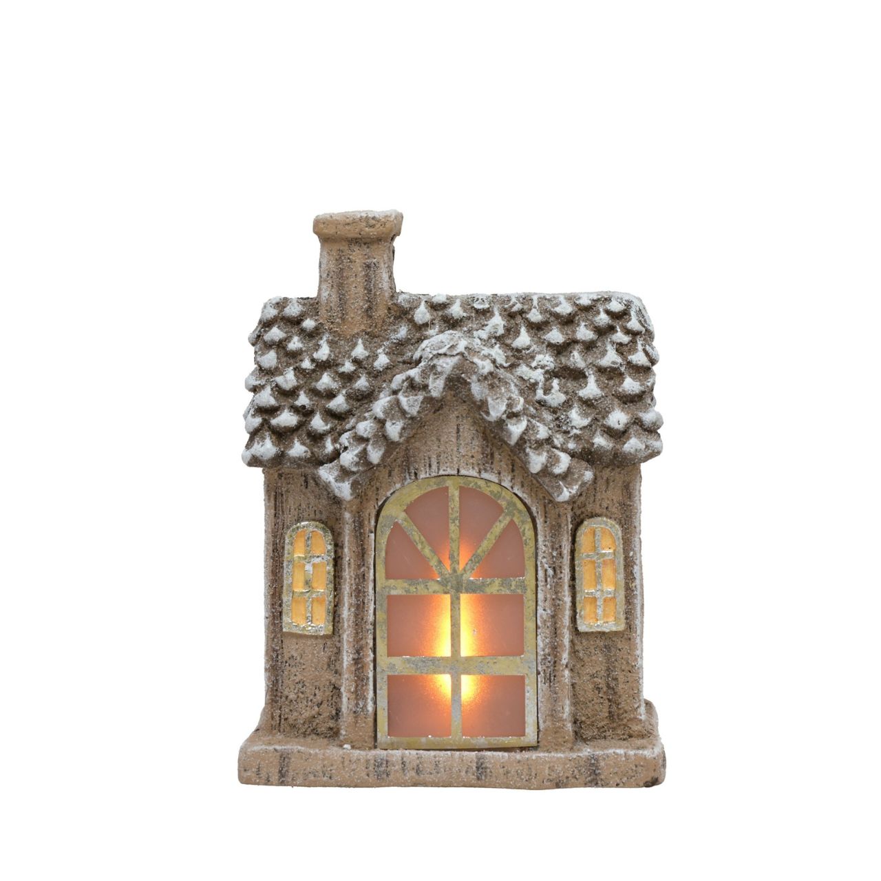 Home sweet home. An LED Light Up House Shaped Ornament. Lovingly crafted from durable resin in a brown colour palette, this single storey detached home features a welcoming gold colour front door, arched window frames, and a chimney stack.