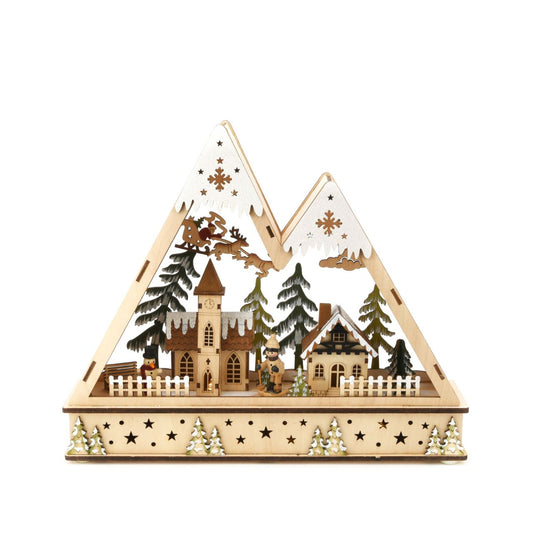 LED Light Up Wooden Mountain Scene  An LED light up Wooden Mountain Scene by THE SEASONAL GIFT CO.  This illuminating decoration is a delightful addition to Christmas.
