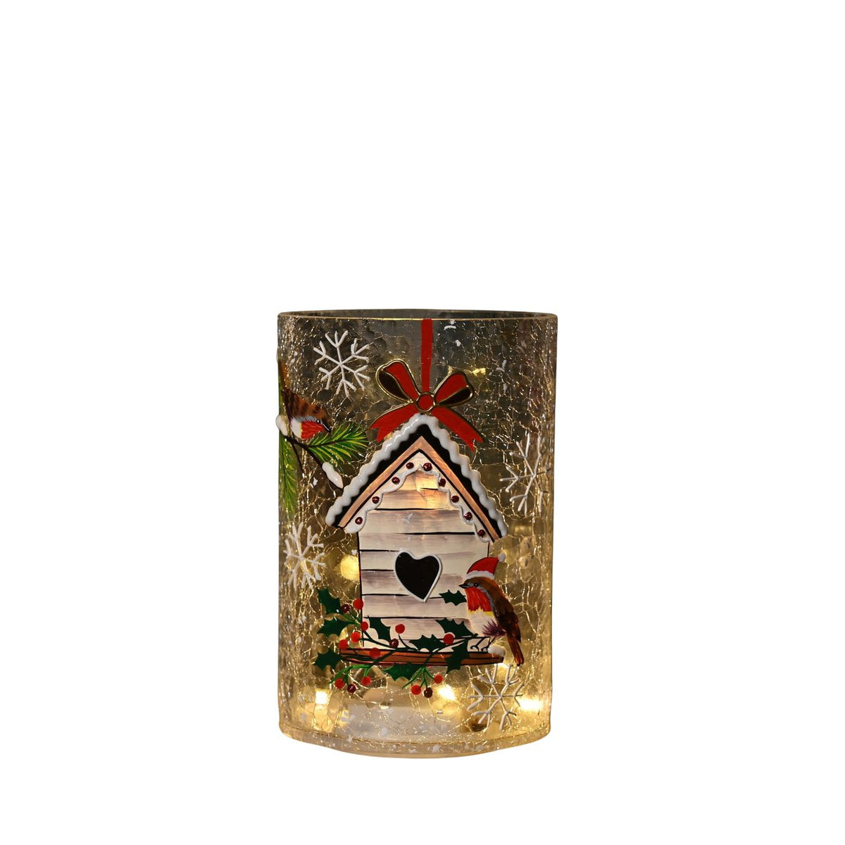 The Crackle Glass Christmas LED Vase with Bird House Design offers a charming centrepiece for festive interiors.