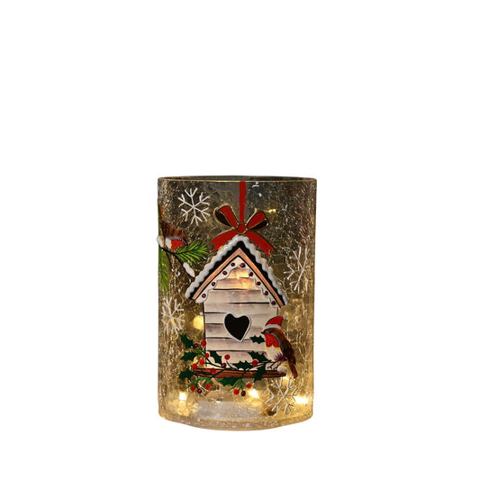 The Crackle Glass Christmas LED Vase with Bird House Design offers a charming centrepiece for festive interiors.