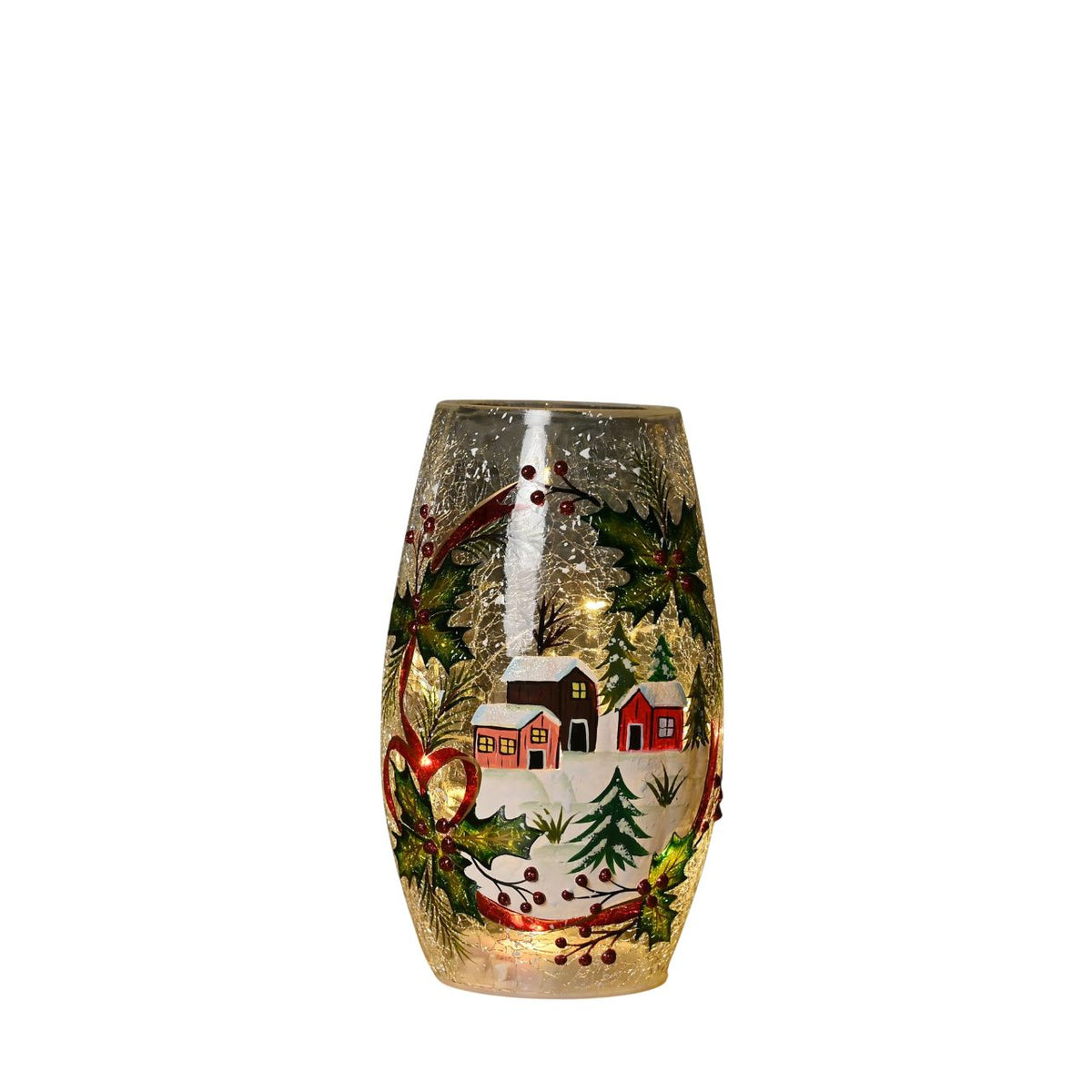 The Crackle Glass Christmas LED Vase with Winter Cottage and Leaf Scene creates a charming centrepiece for seasonal interiors.