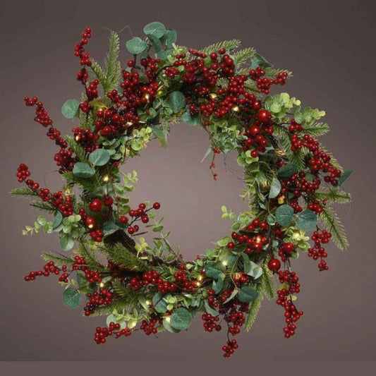Kaemingk Christmas LED Wreath Willow Red Berries - Outdoor  New for this year is a premium pre-lit wreath decorated with holly and berries  to add an extra touch of class to your home. 