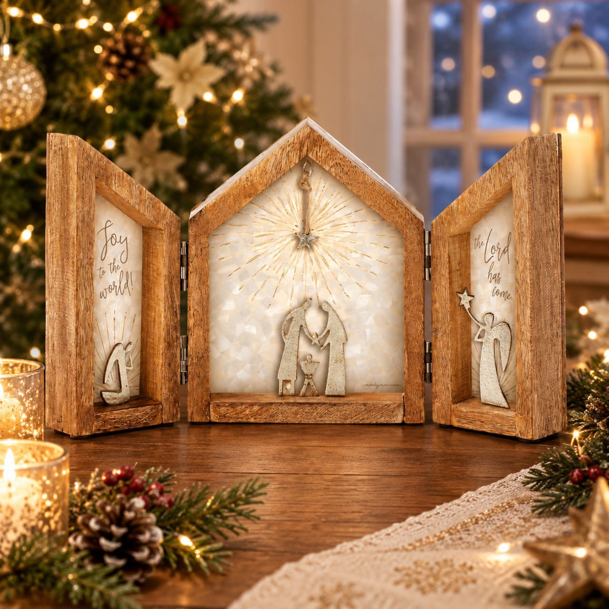 This folding display not only frames the nativity space but also makes it easy for storing. This Nativity scene has a hanging star over a new-born Jesus, praising angels, and overjoyed parents, Mary and Joseph.