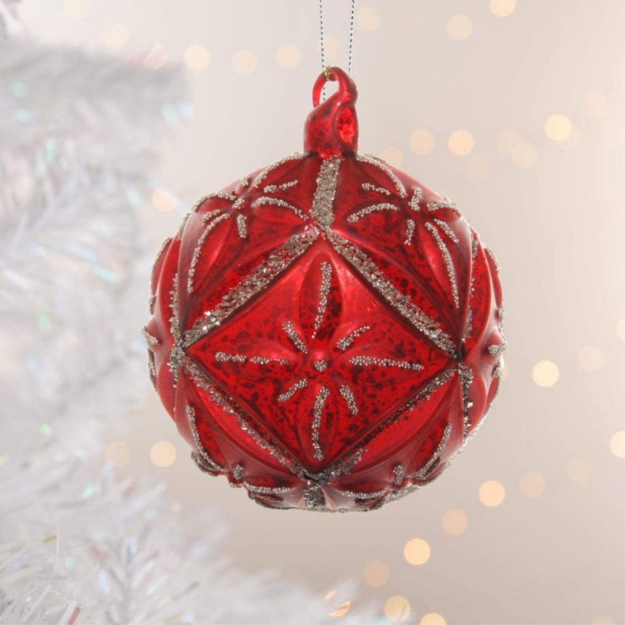Shishi Red Glass Floral Antique Ball Silver Glitter Christmas Orn  Browse our beautiful range of luxury festive Christmas tree decorations, baubles & ornaments for your tree this Christmas.