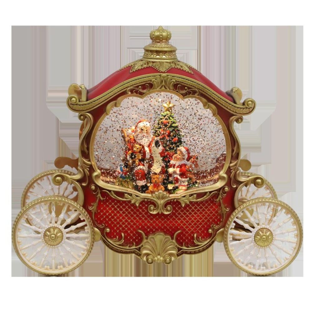 This elegant red carriage features Santa and a child positioned before a Christmas tree. It illuminates gently while releasing sparkling glitter and offers eight festive melodies. The lights and glitter function independently of the music for versatile holiday ambiance.