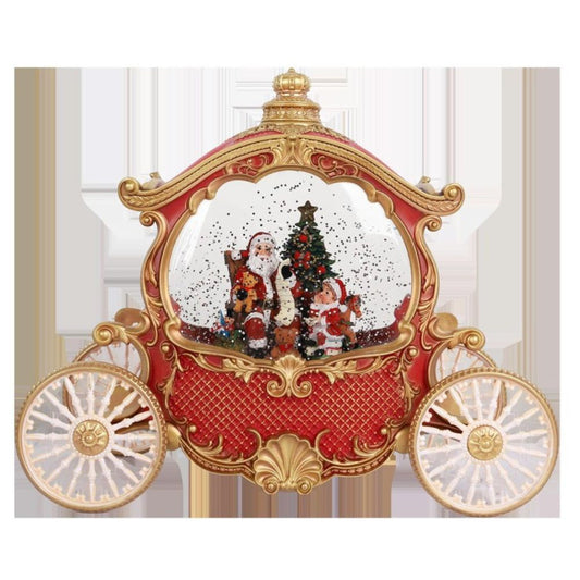 This elegant red carriage features Santa and a child positioned before a Christmas tree. It illuminates gently while releasing sparkling glitter and offers eight festive melodies. The lights and glitter function independently of the music for versatile holiday ambiance.
