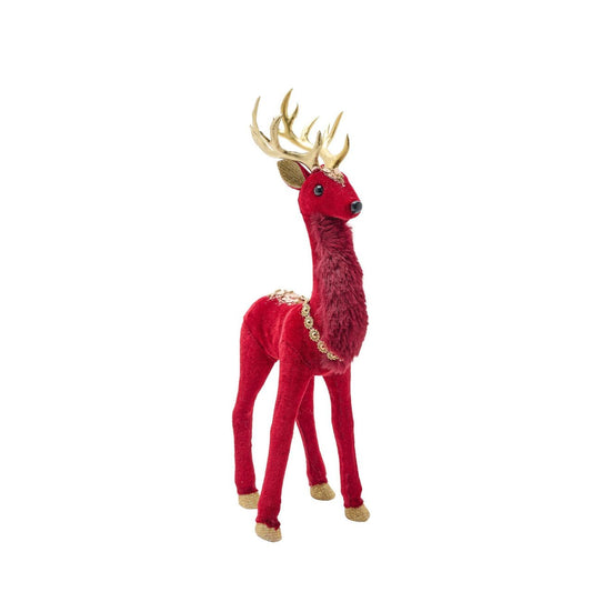 The majestic Red Velvet Standing Deer 33cm, will bring festive joy to the home this Christmas. With his plush red velvet coat and shiny golden antlers and necklace, this handsome fellow captures the magic of the festive season. 