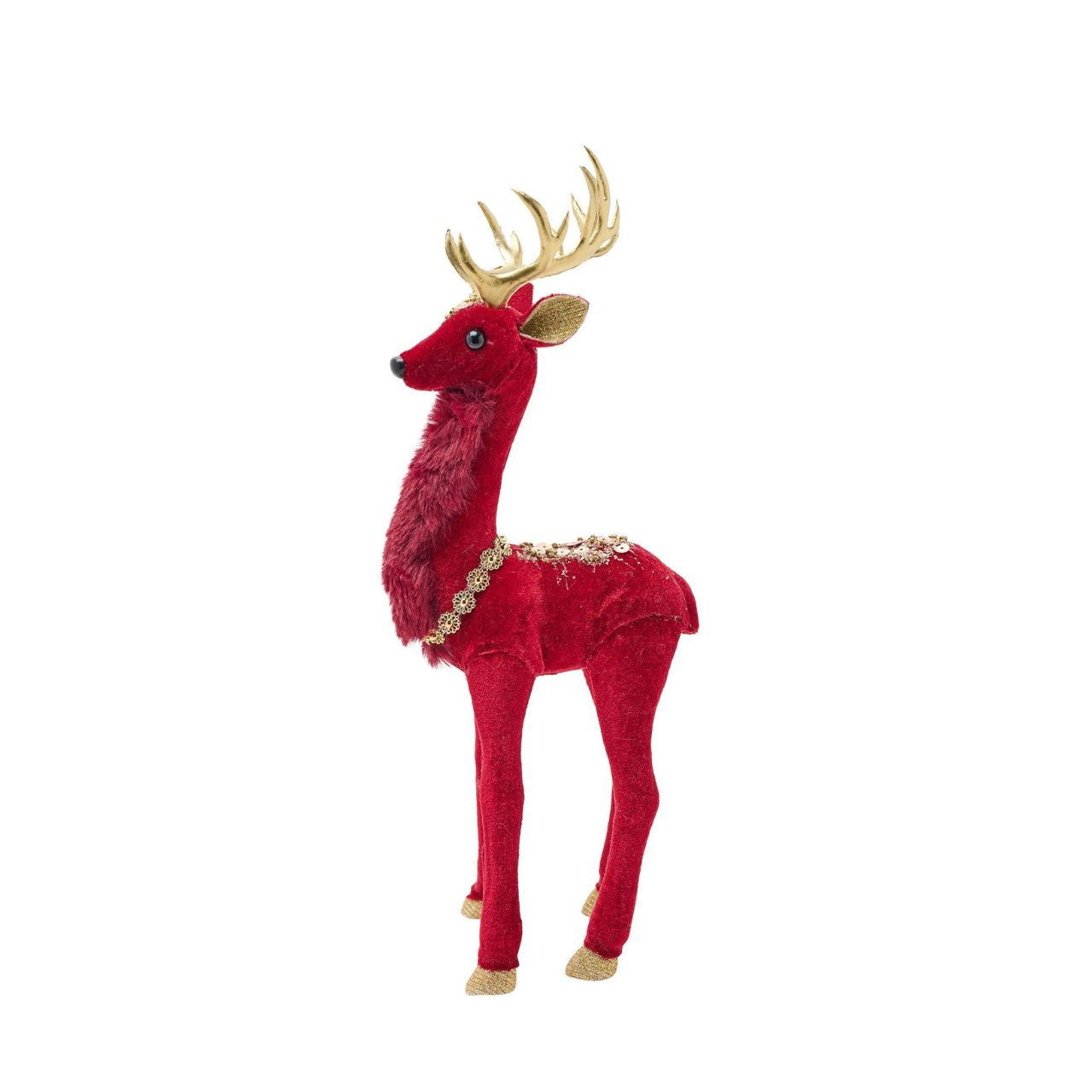 The majestic Red Velvet Standing Deer 33cm, will bring festive joy to the home this Christmas. With his plush red velvet coat and shiny golden antlers and necklace, this handsome fellow captures the magic of the festive season. 
