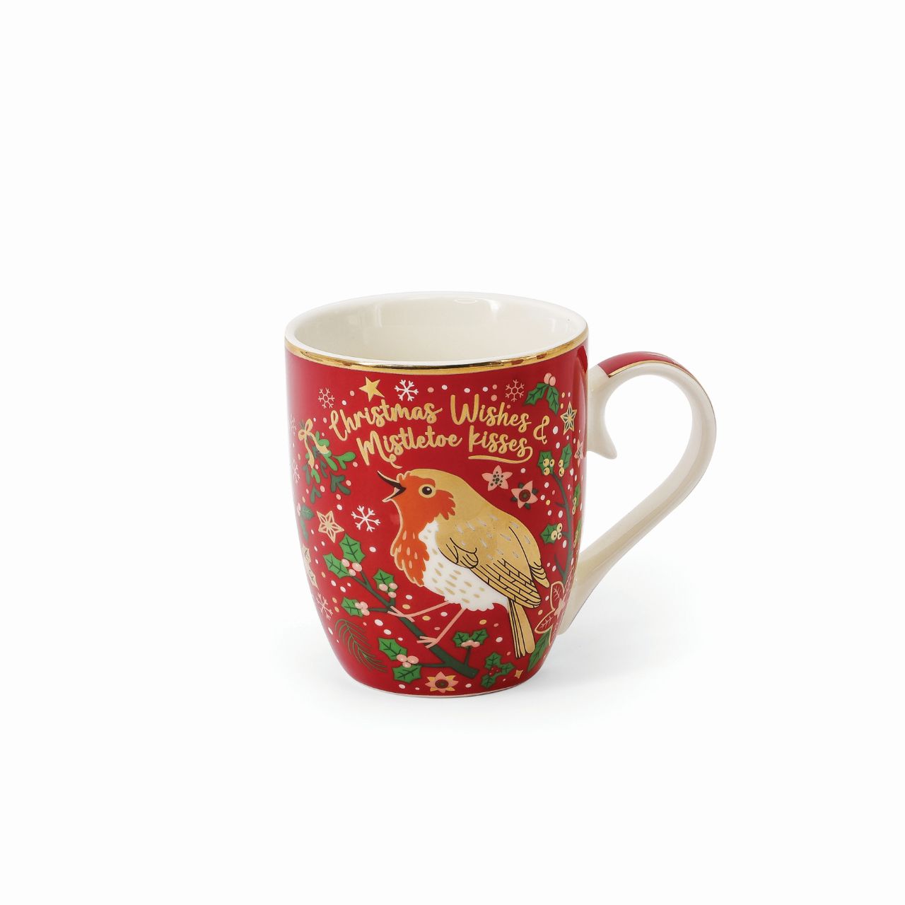Christmas Robin Set of 4 Mugs by Tipperary  This set of four festive mugs will add seasonal cheer to your kitchen. Crafted from high-quality ceramic, each mug features a unique design of red and gold Christmas Robins. Enjoy your favourite hot beverage this holiday season with the Tipperary Christmas Robin Set of 4 Mugs.