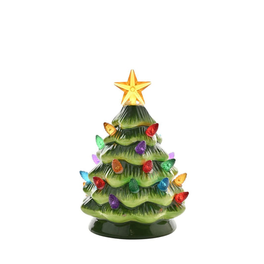 The ornament is an extremely eye-catching piece. It is accented with a gleaming gold star and multi-coloured lights, adding a touch of whimsy and festive cheer to the overall design.