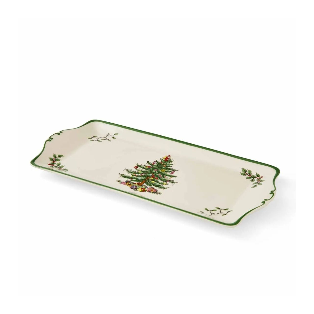 Whether you're hosting Christmas dinner, a casual lunch or Christmas Eve party, use this Christmas Tree sandwich tray from Spode for classic seasonal style. It's decorated with green borders, boughs of holly and mistletoe, and a traditional tree that calls to mind memories of Christmases past.