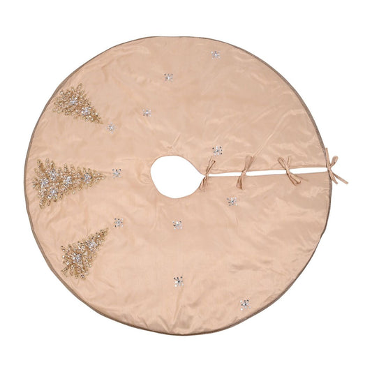 Hand Embellished Gold Sequin Christmas Tree Skirt  A hand embellished gold sequin Christmas tree skirt from THE SEASONAL GIFT CO.  This standout accessory wraps itself around Christmas trees to accentuate its decoration.