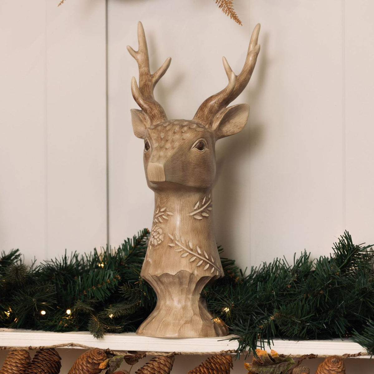 Add natural charm with the Resin Wood Effect Stag Bust 45cm, a perfect centrepiece for seasonal collections.