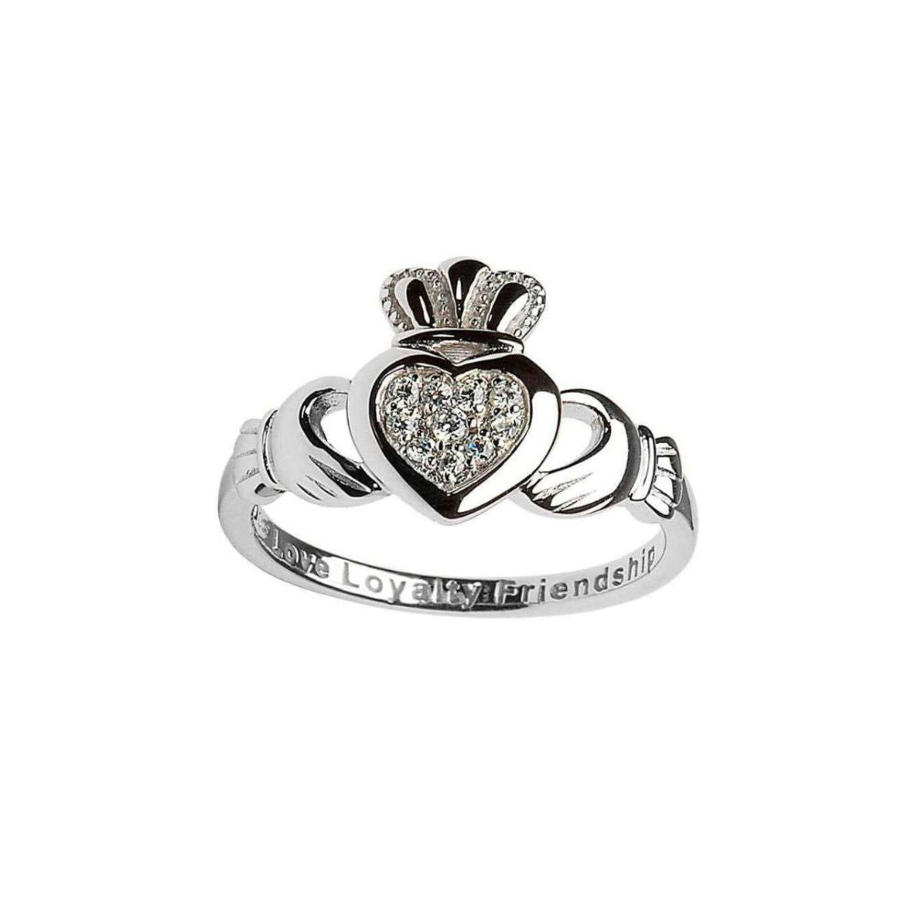 This exquisite ring is a fresh and mature take on the famous Celtic lover's band: the Claddagh Ring. Crafted delicately of Sterling silver, the ring is wonderfully detailed- from the cuffs around the hands to the patterns on the crown. But the true focus of the ring is rightly on the central heart. There ten brilliant CZ's are pave set in the heart itself to form a glorious focus for the ring.