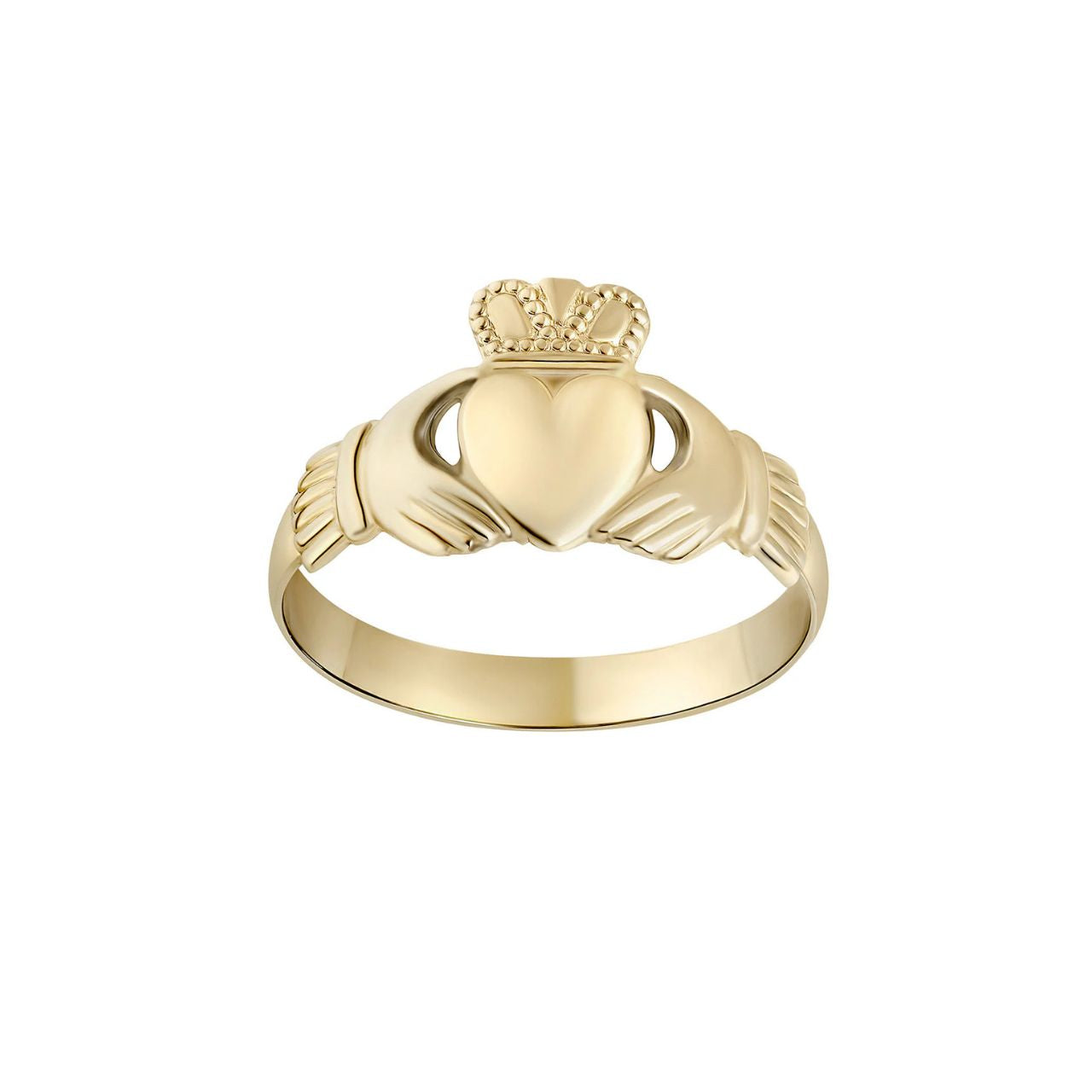 The Claddagh tells a tale of devotion, echoing the words of the Irish sailor who first crafted it for this sweetheart: “With these hands, I give you my heart, and I crown it with my love.” This light yellow gold Claddagh ring is the perfect gift for the one you love.