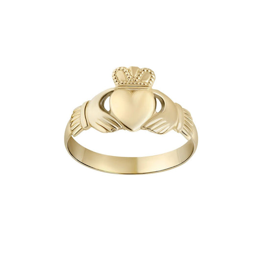 The Claddagh tells a tale of devotion, echoing the words of the Irish sailor who first crafted it for this sweetheart: “With these hands, I give you my heart, and I crown it with my love.” This light yellow gold Claddagh ring is the perfect gift for the one you love.