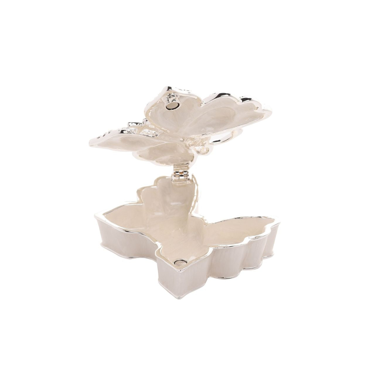 Experience the whimsical charm of the Sophia Classic Butterfly Trinket Box. This silver-coloured, butterfly-shaped treasure is adorned with an intricate pattern of sparkling, diamond-like crystals, making it an irresistible addition to any gift or keepsake collection.
