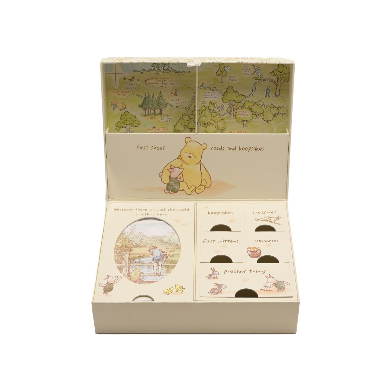 This Winnie the Pooh keepsake box has been designed to reflect E.H. Shepard's original illustrations from the original A. A. Milne books, to be cherished for many years.