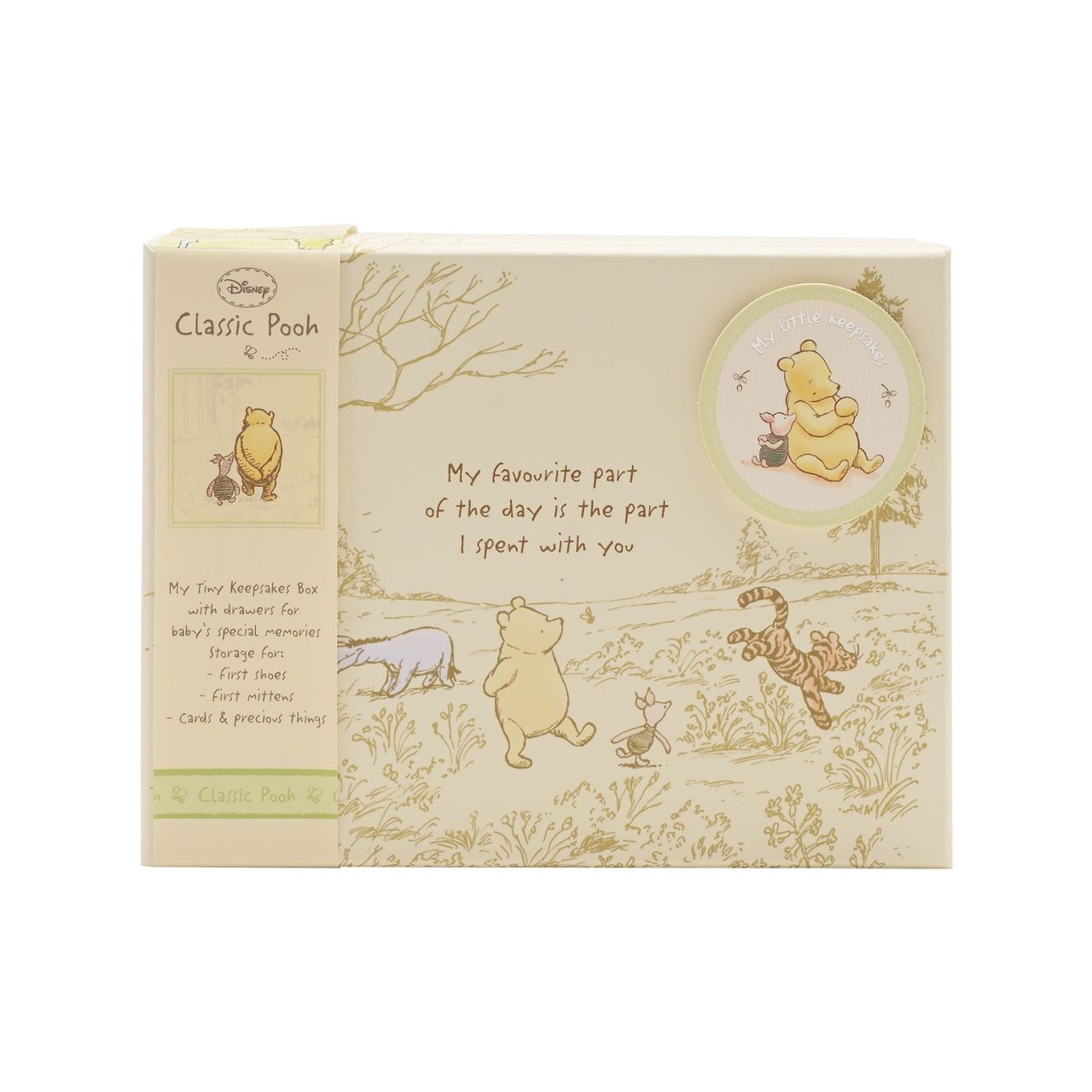 This Winnie the Pooh keepsake box has been designed to reflect E.H. Shepard's original illustrations from the original A. A. Milne books, to be cherished for many years.