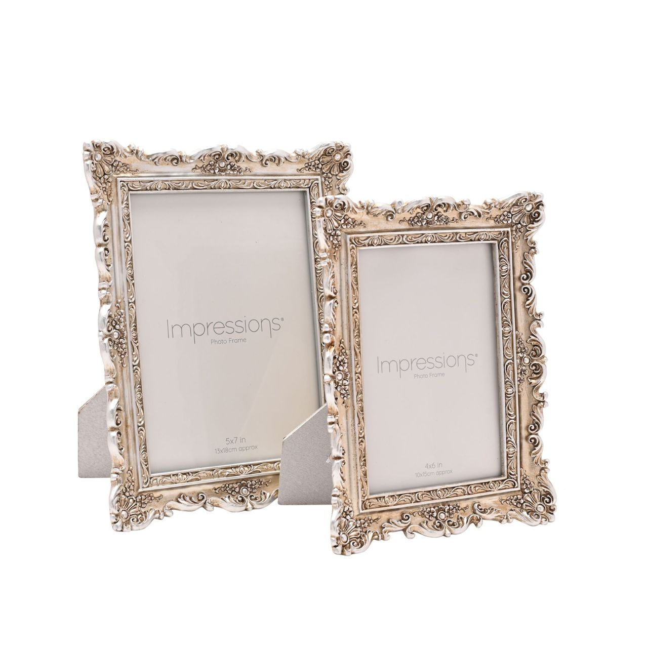 Introduce a touch of elegance to your decor with the Impressions Classical Design Resin Photo Frame 5" x 7". This ornate frame, with "Impressions" artfully printed on the glass surface, offers a stylish backdrop for your cherished memories.
