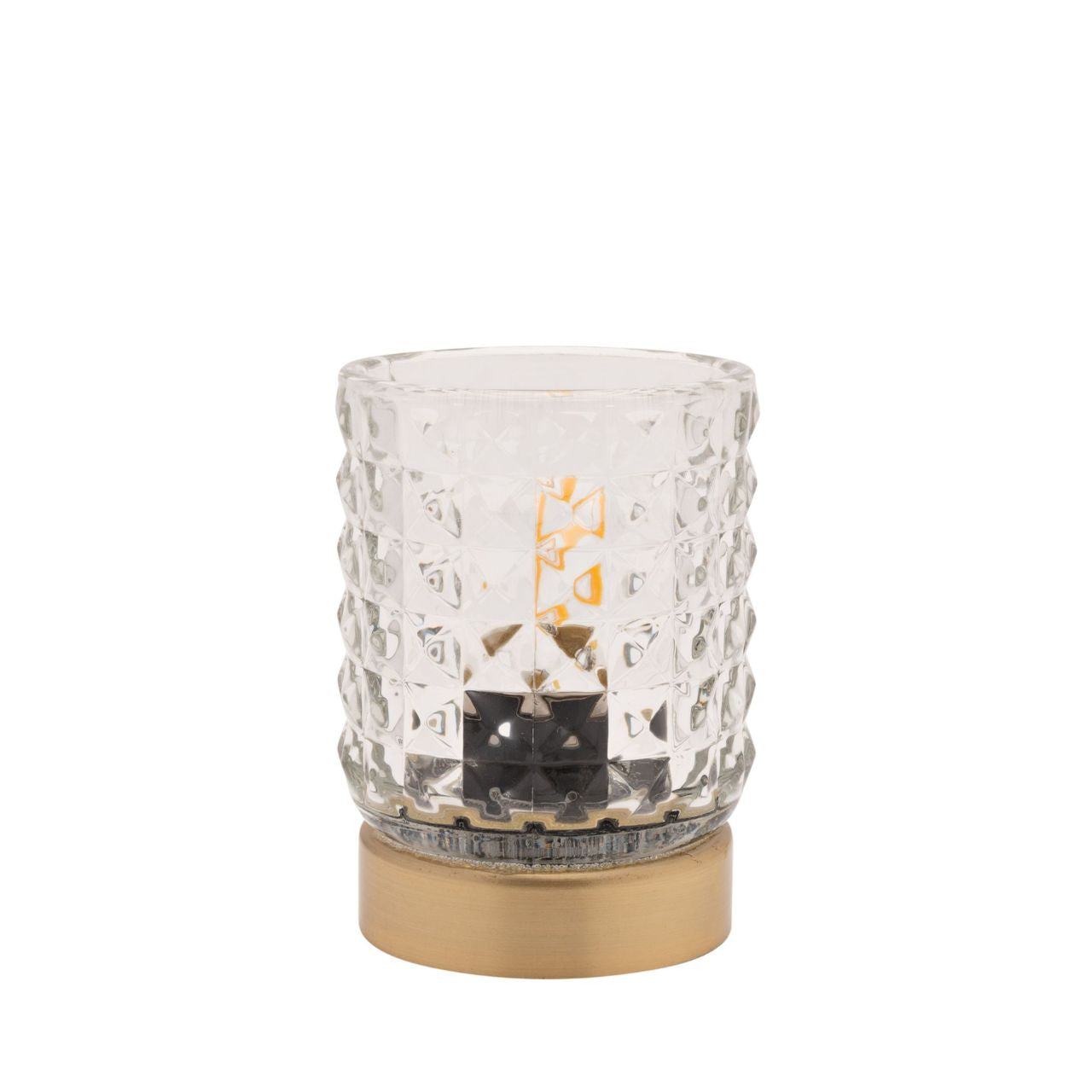 Its textured glass shade casts a soft ripple shadow and will emit a lovely soft glow. Finished on a brushed brass effect base and is operated by an on off switch to the base.