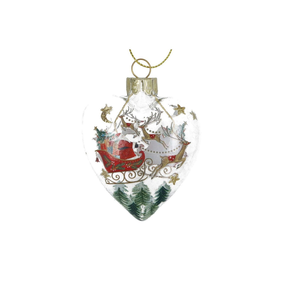 Gisela Graham Bring nostalgic charm to your tree with this elegant heart-shaped glass bauble from Gisela Graham. Choose between a delightful Santa on his sleigh or reindeer design, both beautifully rendered in clear glass for a timeless look.