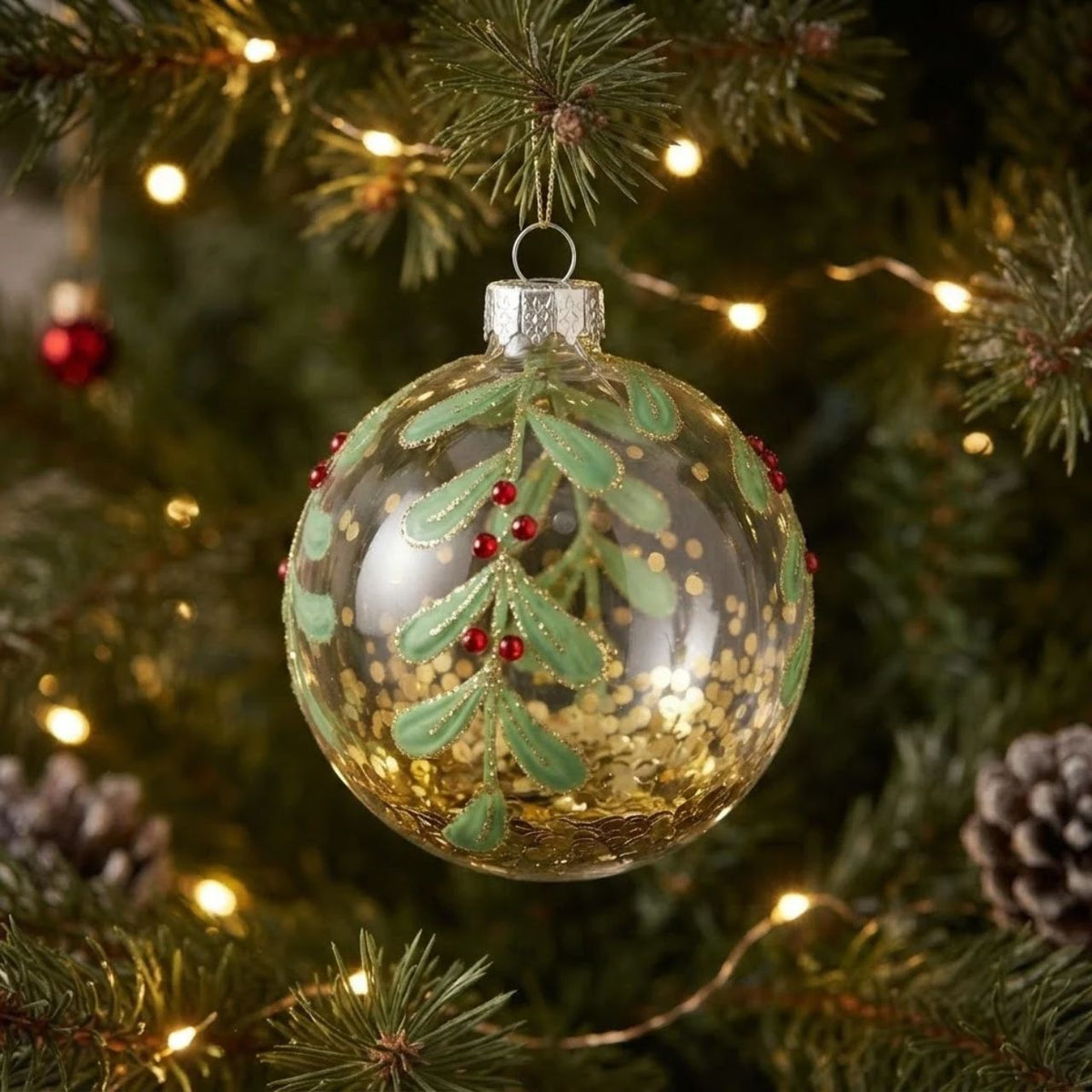 Elevate your festive décor with this stunning Gisela Graham glass bauble. Featuring a clear glass sphere adorned with shimmering gold confetti and delicate berry vine details, it brings elegance and warmth to any Christmas tree or holiday display.