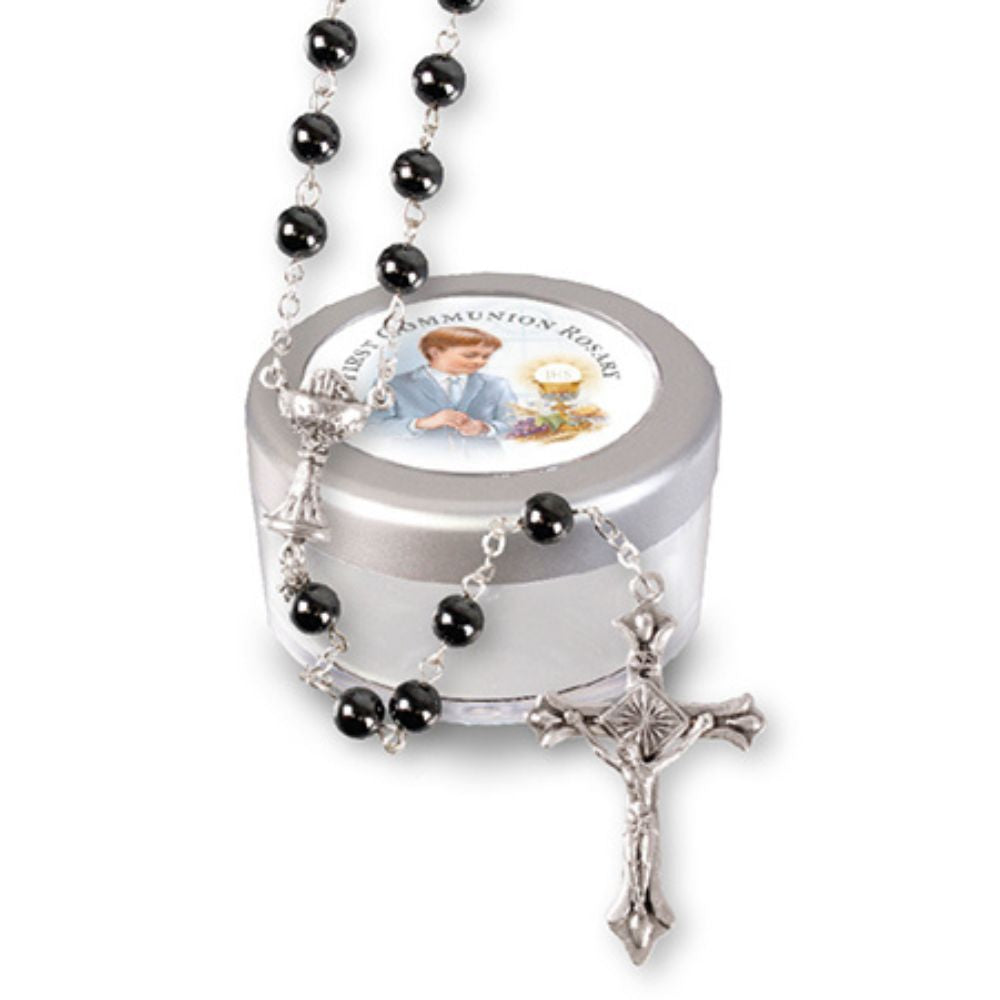 CBC Communion Glass Imitation Hematite Rosary  Expertly crafted, the CBC Communion Glass Imitation Hematite Rosary is the perfect accompaniment for your spiritual journey. Made with precision and care, this rosary features beautiful imitation hematite beads and a communion glass center, adding a touch of elegance to your prayers. Embrace the benefits of this exquisite rosary in your daily devotions.