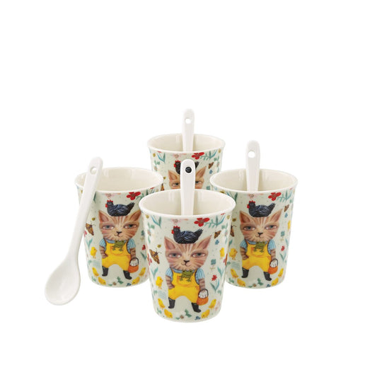 Assortment of 4 cups with ceramic spoons, ideal for drinking coffee with family or friends. Original and colourful design by artist Michelle Allen for the Allen Designs collection. Each cup 7.0cm