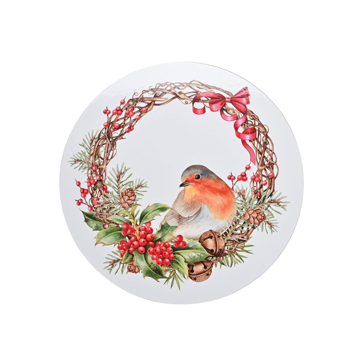 Enhance your holiday dining experience with our Set of 4 Robin Round Placemats. Featuring a traditional design with a radiant robin among pine branches and red berries, these placemats bring rustic appeal and warmth to any table setting.