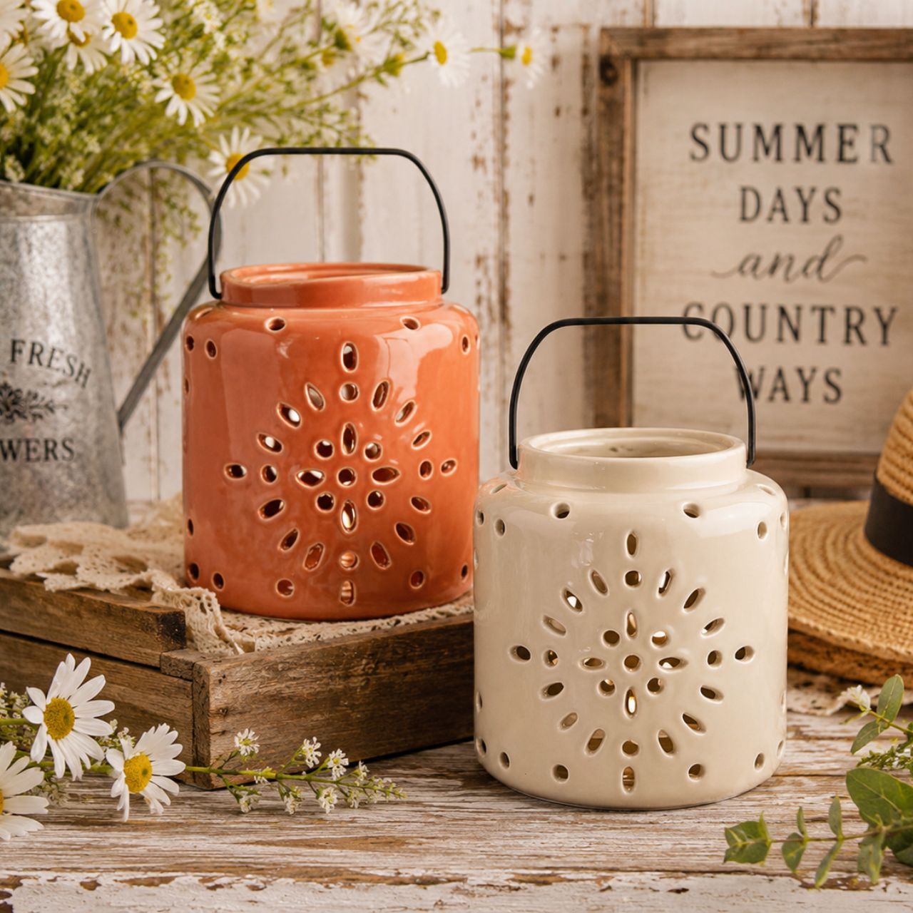 The lantern features a circular shape with intricate pattern holes, allowing the light to dance and create a serene ambiance.