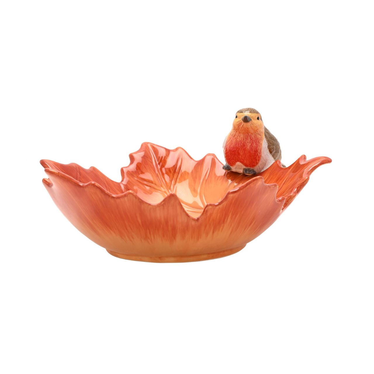 Crafted from ceramic and featuring a robin perched on a detailed leaf, it’s perfect for serving seasonal fruits, vegetables, or snacks.