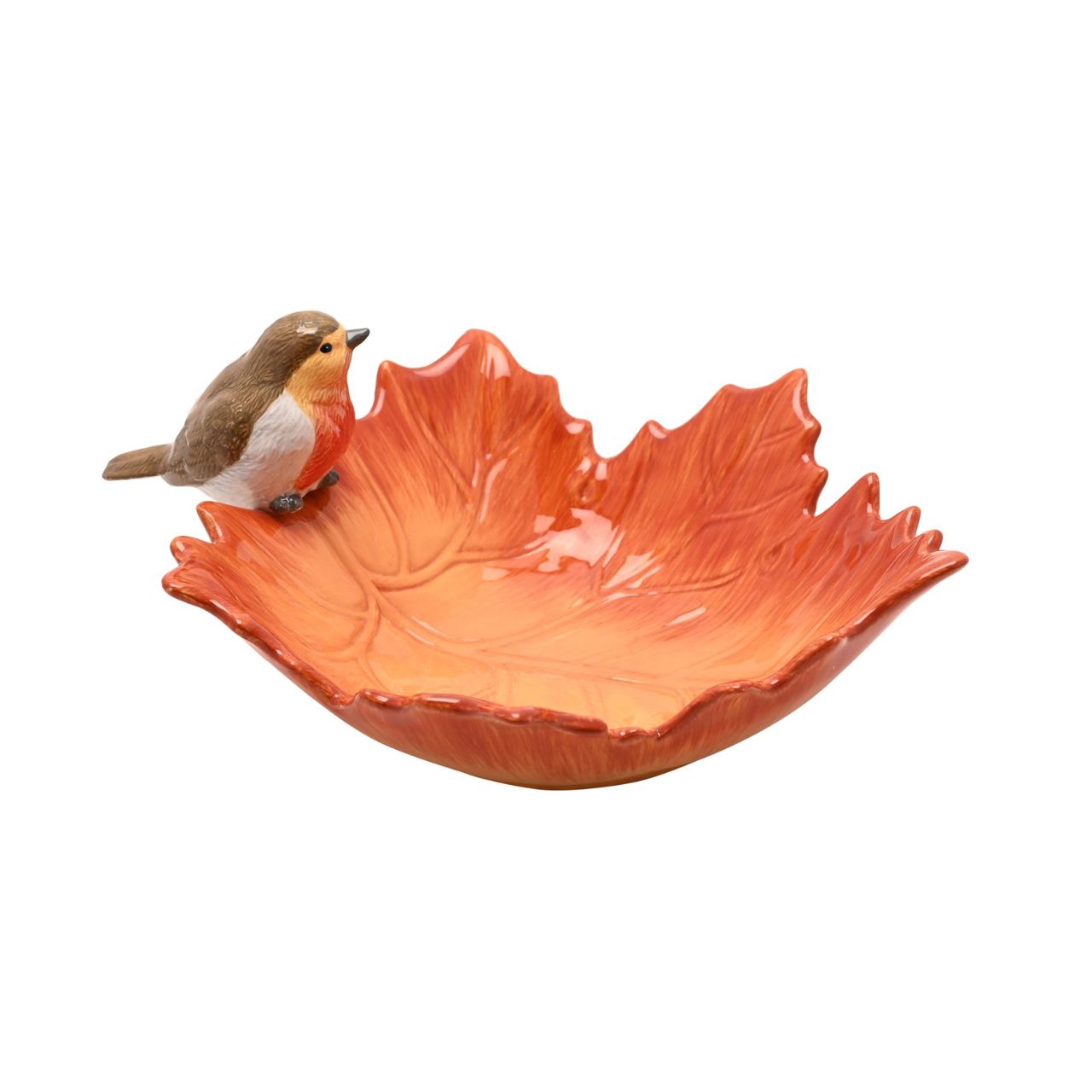 Crafted from ceramic and featuring a robin perched on a detailed leaf, it’s perfect for serving seasonal fruits, vegetables, or snacks.