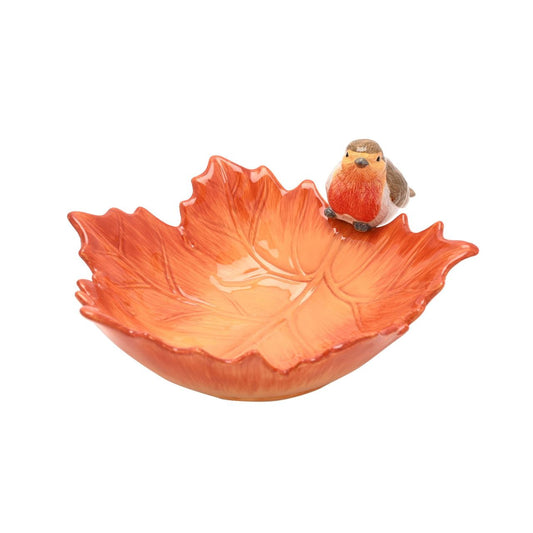 Crafted from ceramic and featuring a robin perched on a detailed leaf, it’s perfect for serving seasonal fruits, vegetables, or snacks.