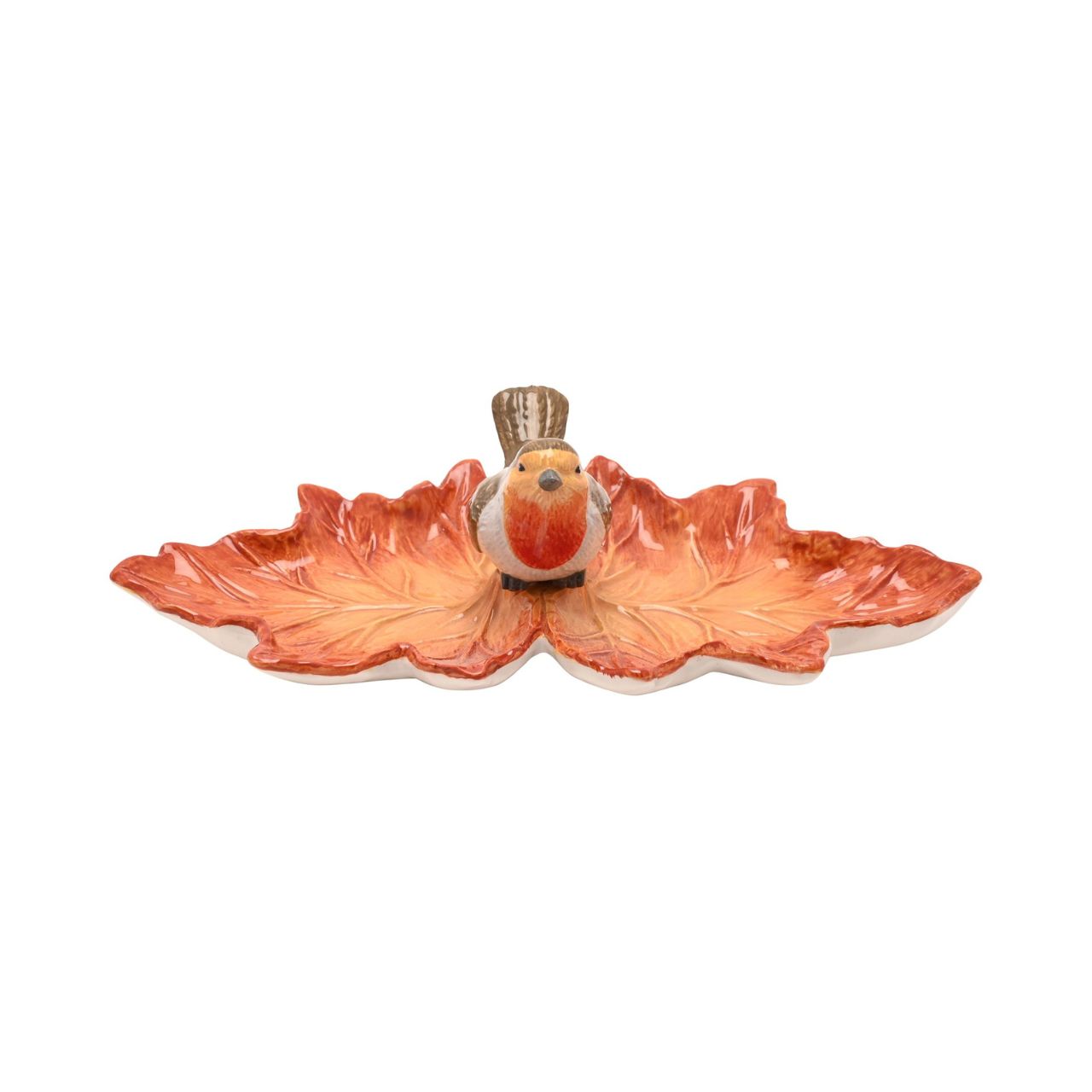 Featuring a robin perched on a textured leaf, it combines warm tones with natural charm. Perfect for holding jewellery, keys, or other small items, it’s a practical addition to dressers, side tables, or entryways.