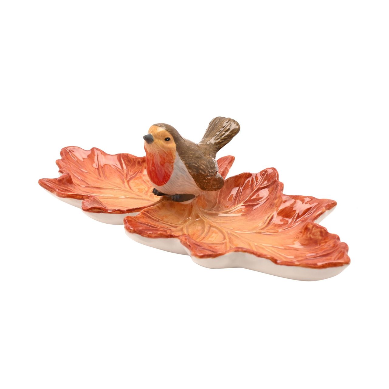 Featuring a robin perched on a textured leaf, it combines warm tones with natural charm. Perfect for holding jewellery, keys, or other small items, it’s a practical addition to dressers, side tables, or entryways.
