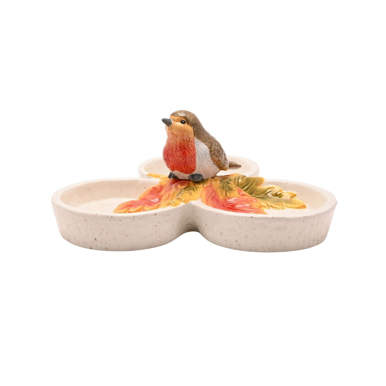 Featuring three connected dishes topped with a perched robin figurine, it’s ideal for serving seasonal nibbles like nuts, dried fruits, or sweets.