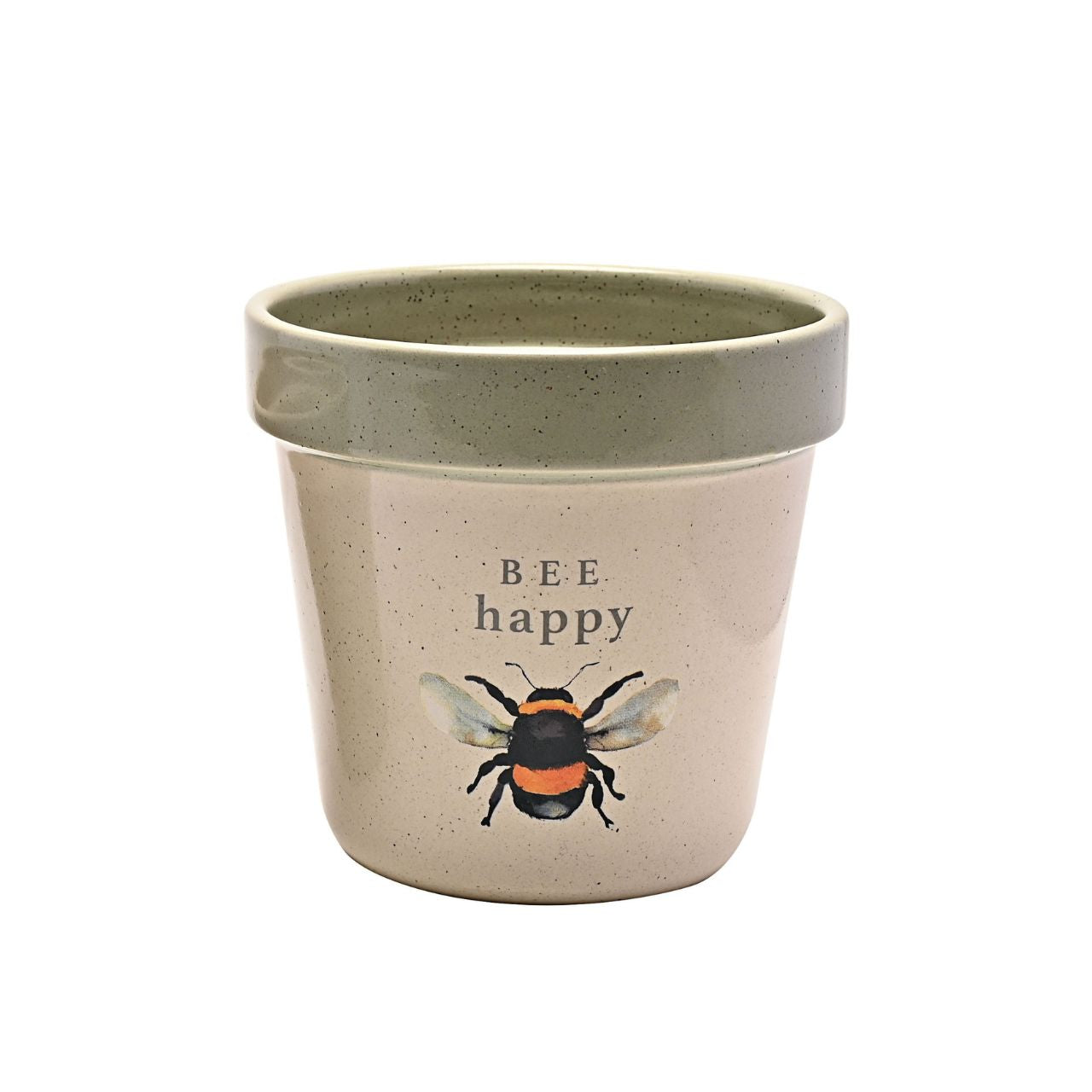 The ceramic duo showcases 2 different designs, the smaller having an all over bee pattern on a green speckled finish. The larger has the cherished sentiment of ‘Bee happy’ on a speckled cream surface. Both with contrast rims.